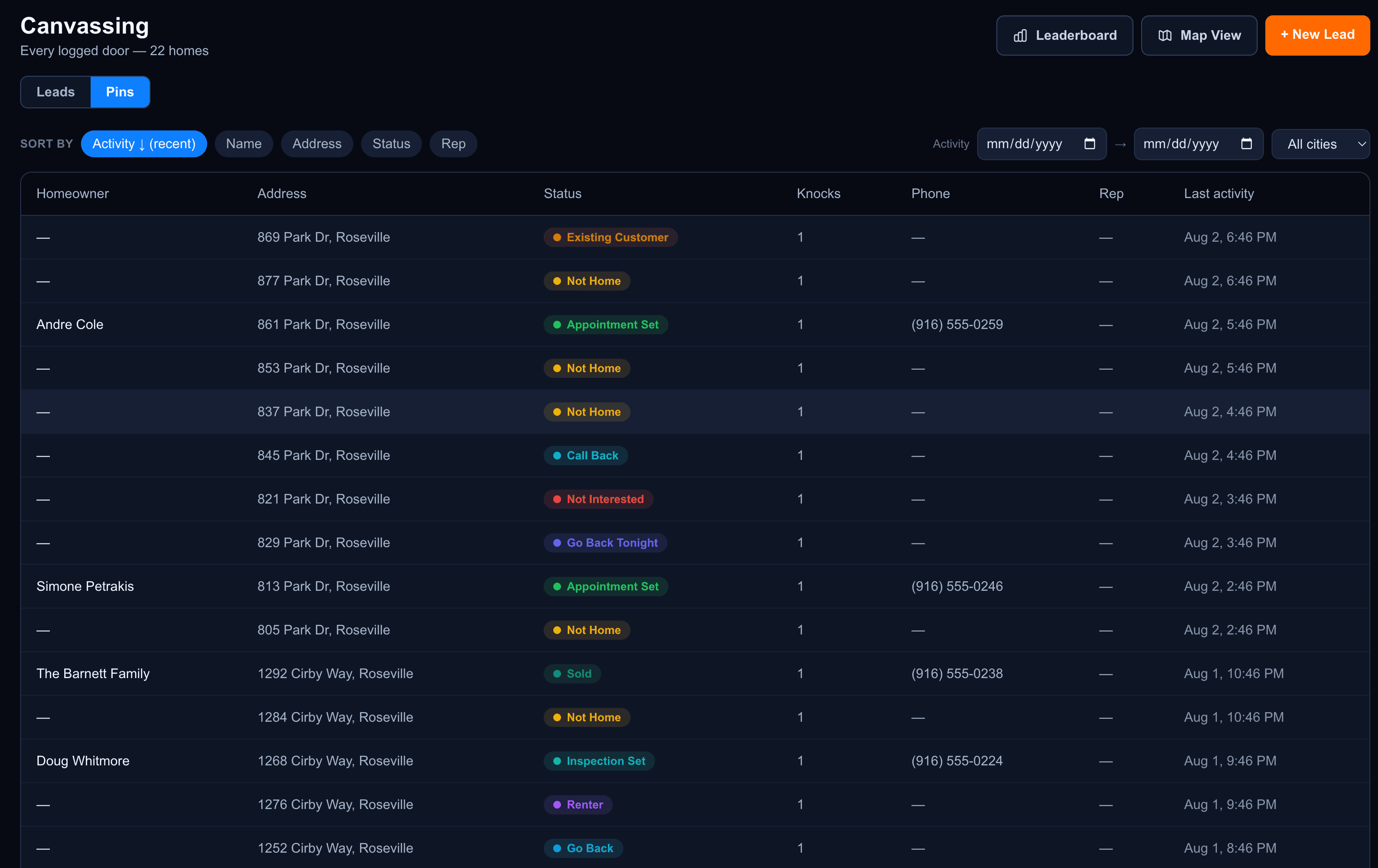 Every logged door as a list, with disposition and contact