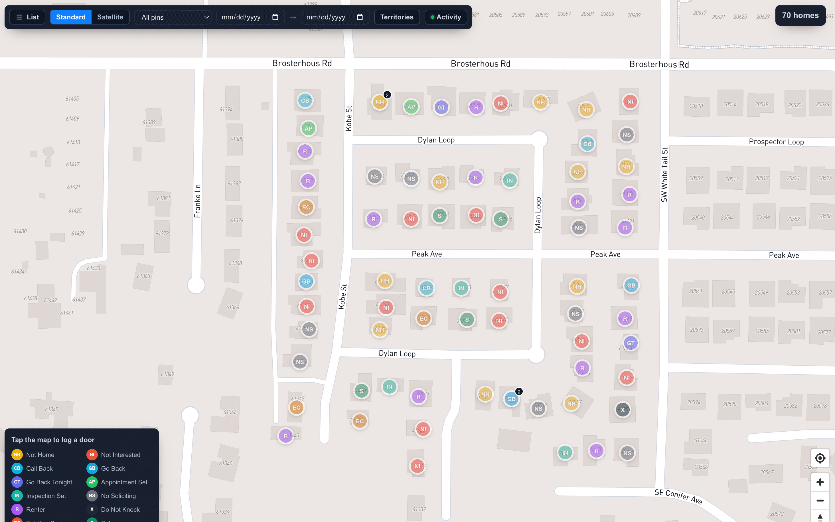 The canvassing map with pins colored by disposition