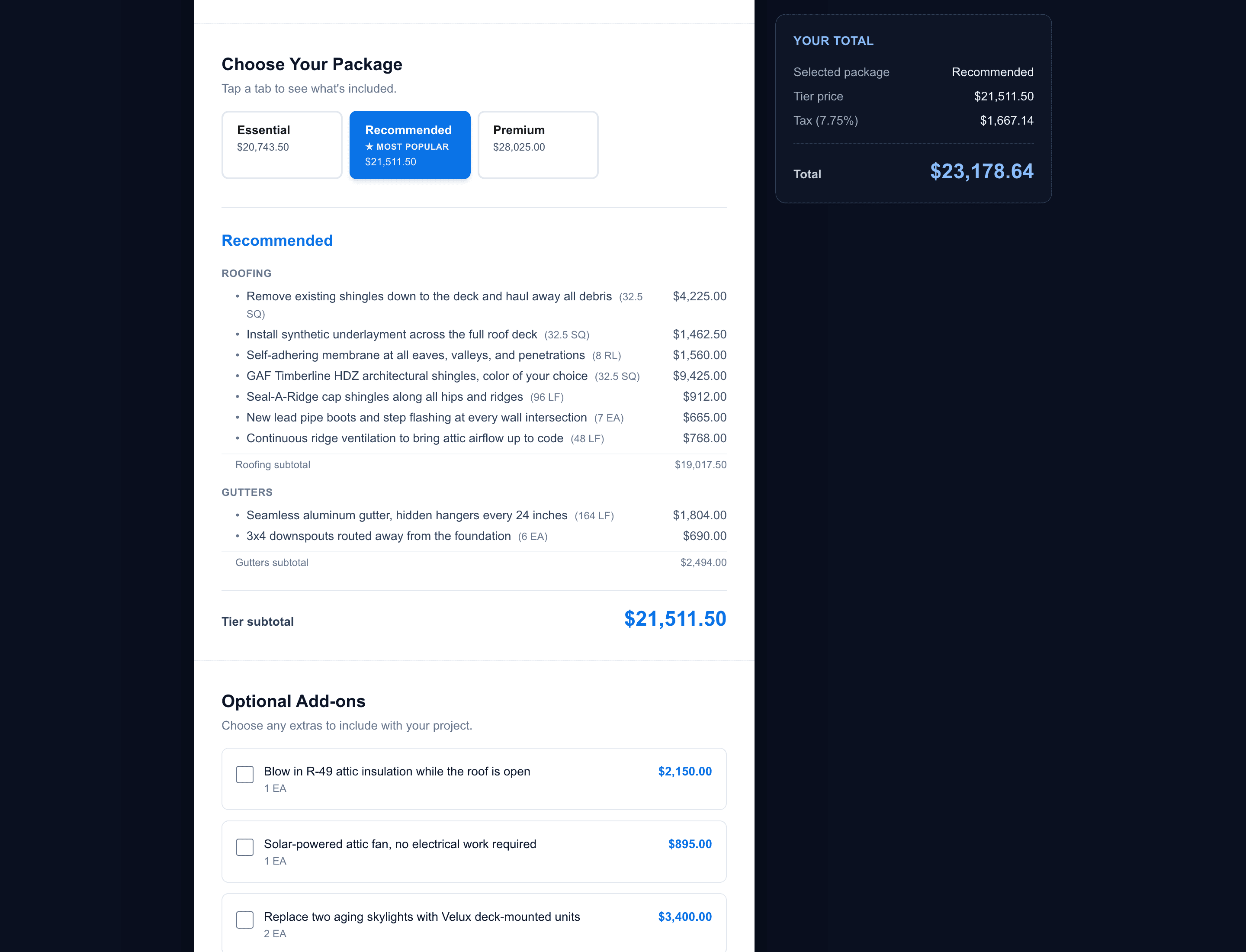Three priced tiers with the recommended option selected