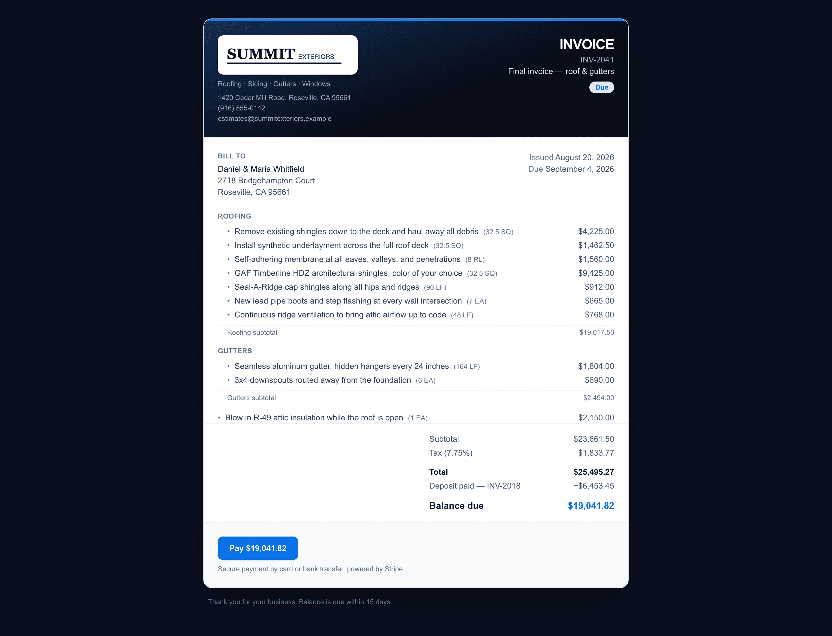 An invoice drafted from the signed estimate's line items